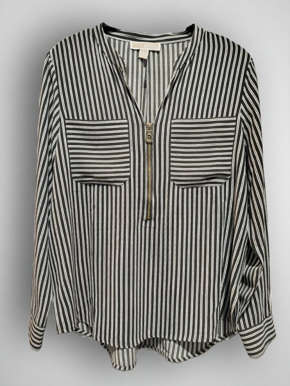MICHAEL Michael Kors Olive Green Striped Utility Half-Zip Blouse